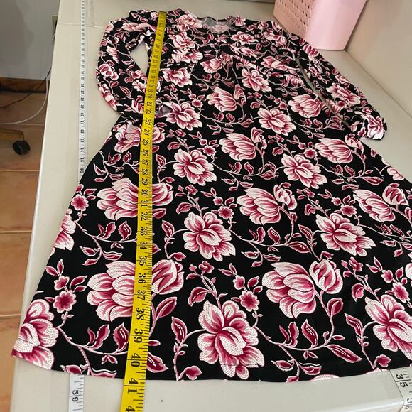 Pink Floral Front Twist Midi Stretch Textured Dress Romantic 90s Career Wear - Picture 10 of 12